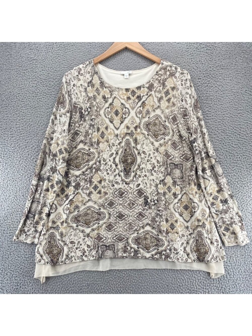 J Jill Top Womens Large Ivory Batik Long Sleeves Tunic Stretch Knit Boat Neck